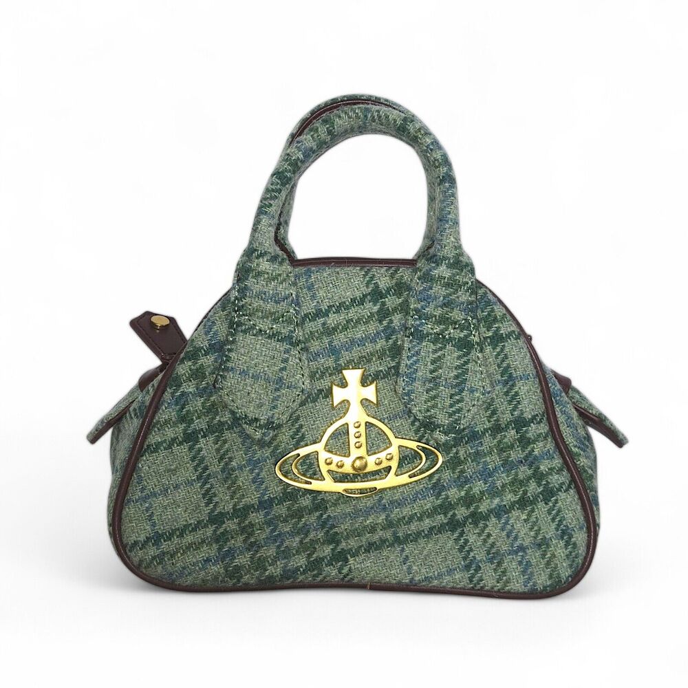 Vivienne Westwood Green Plaid Top-Handle Shoulder Bag with Gold Orb Logo